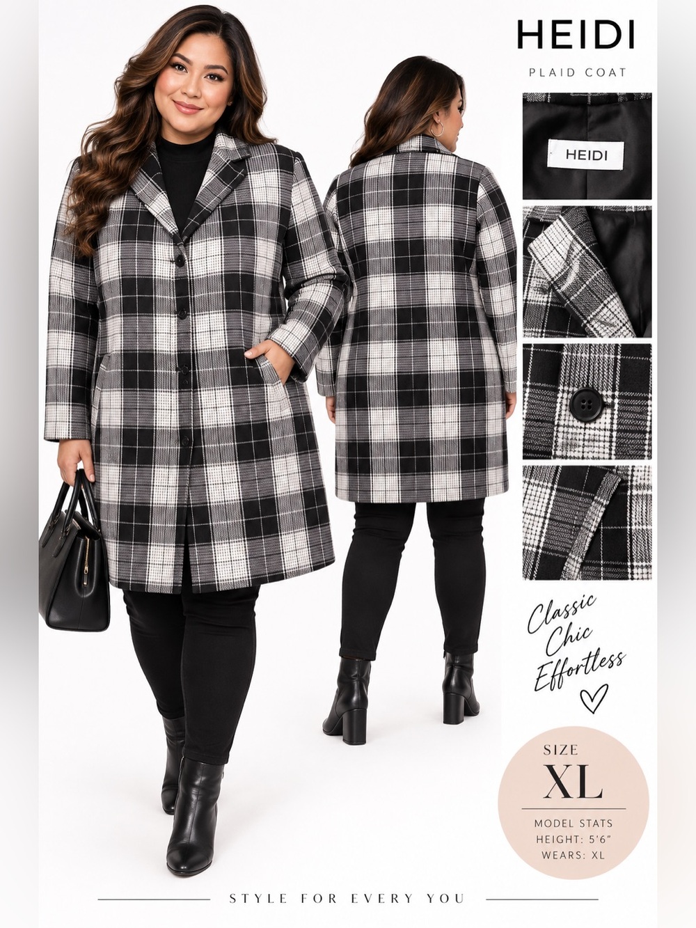 Heidi…Women’s Black & White Plaid Coat